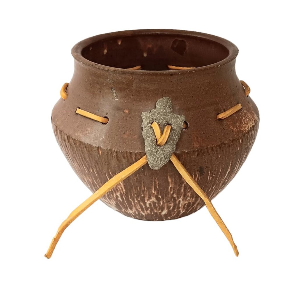 Southwest Pottery Vase Jar Brown Brownish Red With Leather And Arrowhead Decor